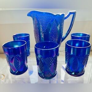 Westmoreland Limited Edition Cobalt Blue Carnival Glass Pitcher & 5 Glasses